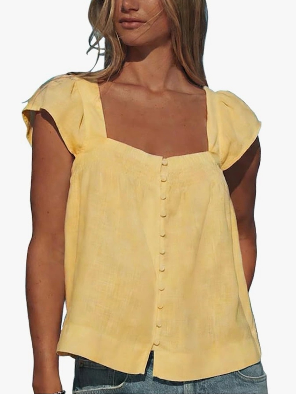 Yellow Square-Neck Button Front Women’s Top